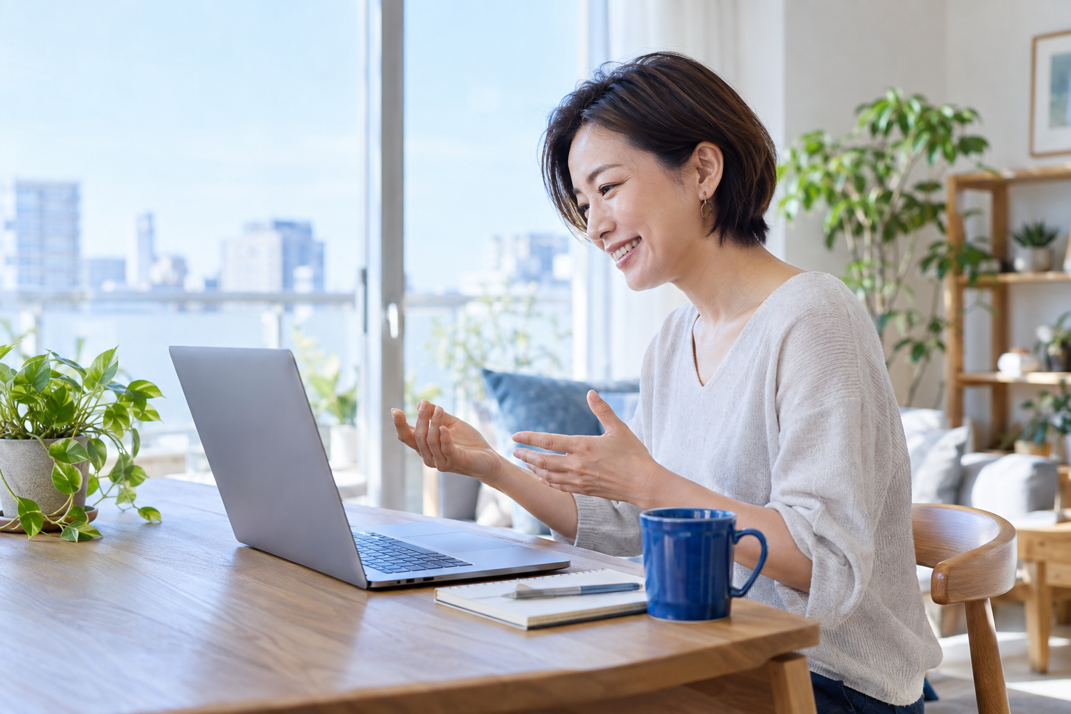 明るい自宅で、パソコンに向かって英語の会話を楽しむ女性